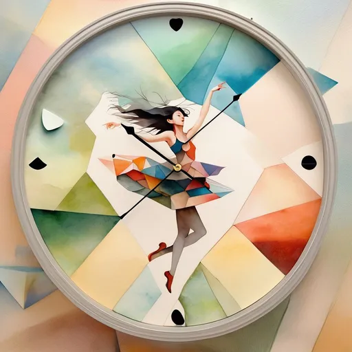 Prompt: Santiago Martínez Delgado, Hieronymus Bosch, Surreal, mysterious, strange, fantastical, fantasy, Sci-fi, Japanese anime, beautiful girl dancing on a watercolor palette, paper clock, multicolored geometric polyhedral horizon, detailed masterpiece 