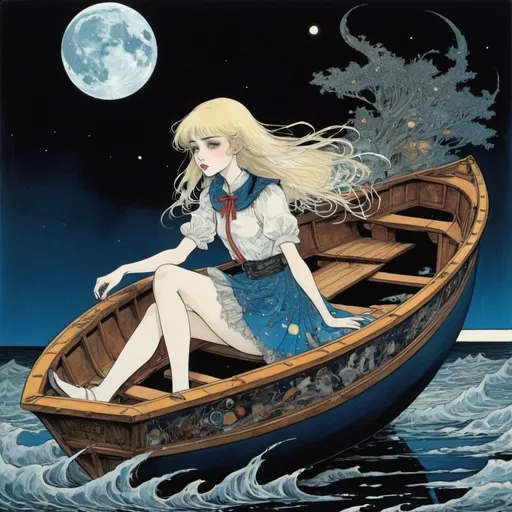 Prompt: Harry Clarke, Anouk Ricard, Thé Tjong-Khing, Charlotte Dematons, Bisco Hatori, Surrealism, wonder, strange, fantastical, fantasy, Sci-fi, Japanese anime, liquid glass crescent moon, moonlight flowing down the road, beautiful blonde miniskirt girl Alice traveling through the sky in a small boat, perfect voluminous body, detailed masterpiece 