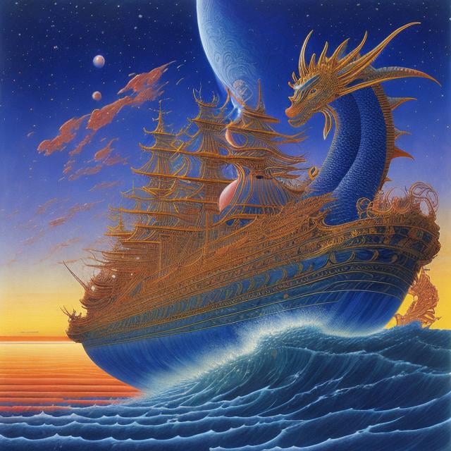 Prompt: Jean Giraud, Surreal, mysterious, bizarre, fantastic, fantasy, Sci-fi, Japanese anime, sea, girl, dragon, empire of fantasy, art and science, mannerism, Prague, painter, sculptor, poet, astronomer, mathematician, magician, void and wonder, unknown knowledge, detailed masterpiece 