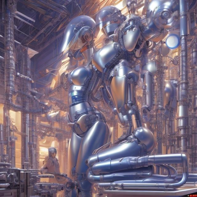 Prompt: Jean Giraud, Masamune Shirow, Katsuhiro Otomo, fine lines Anime surreal wonder strange fantasy Sci-fi fantasy cyborg girl perfect body under repair laboratory machine tube gear Skintight metallic low cut suits, smiling, hyper detailed, high resolution definition quality masterpiece, depth of field, focus