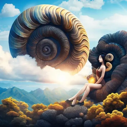 Prompt: Yixin Zeng, Naohisa Inoue, Surreal, mysterious, strange, fantastical, fantasy, Sci-fi, Japanese anime, giant ammonite fossil, beautiful girl sleeping leaning against it, perfect voluminous body, blue sky, clouds, 