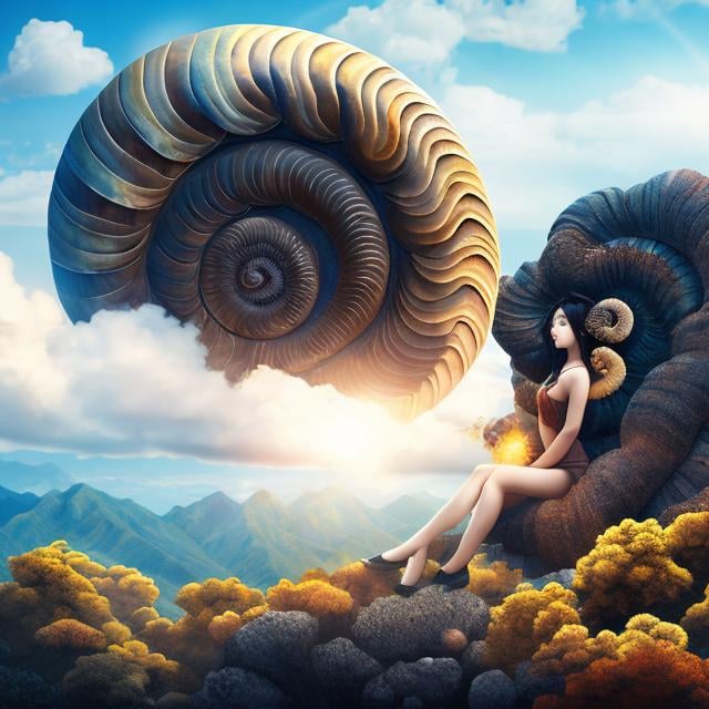 Prompt: Yixin Zeng, Naohisa Inoue, Surreal, mysterious, strange, fantastical, fantasy, Sci-fi, Japanese anime, giant ammonite fossil, beautiful girl sleeping leaning against it, perfect voluminous body, blue sky, clouds, 