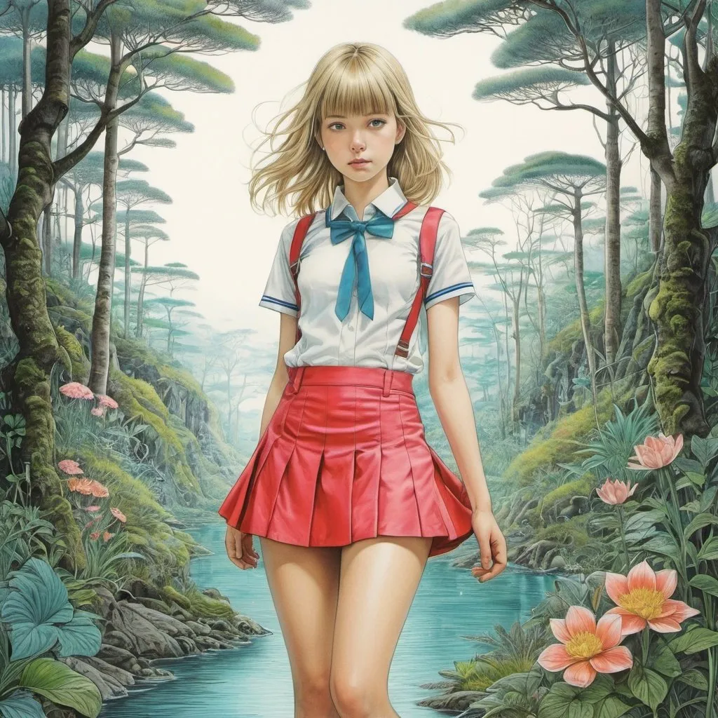 Prompt: Nico Jungmann, Sanne te Loo, Hanneke Siemensma, Surrealism, strange, fantastical, weird, fantasy, sci-fi, Japanese anime, strange creative techniques, dream-like beautiful world, having a little paradise, beautiful miniskirt high school girl, detailed masterpiece, hand coloured line drawings 