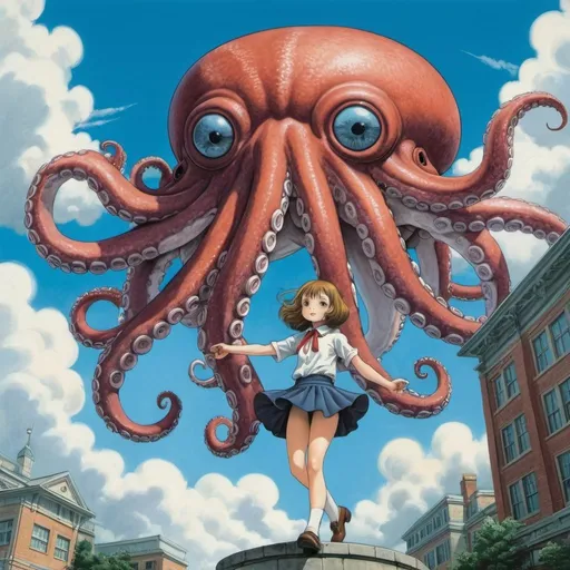 Prompt: Maurice Sendak, Henry Raleigh, surreal, mysterious, strange, fantastic, fantasy, Sci-fi, Japanese anime, giant octopus object, fighting miniskirt beautiful high school girl, perfect voluminous body, plaza, blue sky, clouds, detailed masterpiece 