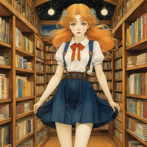 Prompt: Gustav Klimt, Elsa beskow, Surreal, mysterious, strange, fantastical, fantasy, Sci-fi, Japanese anime, used bookstore in the attic, a beautiful high school girl in a miniskirt who keeps the store, perfect voluminous body, detailed masterpiece 