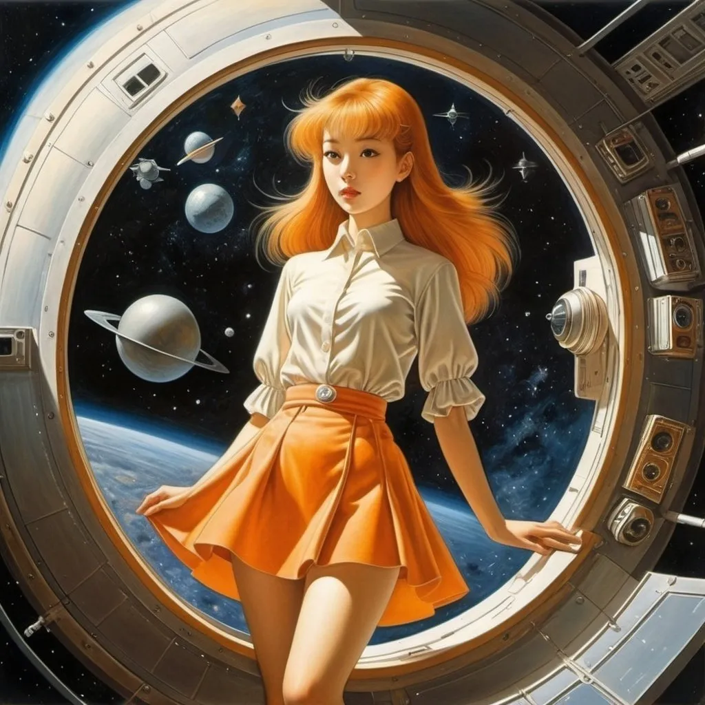 Prompt: H. R. Millar, Shigeru Tamura, Remedios Varo, Helen Wyllie, Teresa Alberini,  Surrealism Mysterious Weird Fantastic Fantasy Sci-Fi, Japanese Anime, Space Station in Tangerine Quartz, Miniskirt Beautiful Girl Singing to Space, detailed masterpiece 