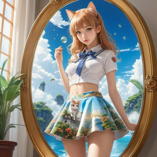 Prompt: Racey Helps, René Vincent, Surreal, mysterious, strange, fantastical, fantasy, Sci-fi, Japanese anime, mirror image of paradise, cat-twist physics, gravity, reflection, transparency, miniskirt beautiful girl, perfect voluminous body, detailed masterpiece 
