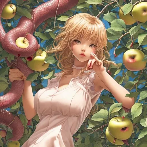 Prompt: Sydney Sime, Japanese anime, Katsuhiro Otomo, manga lines, Eve, solo girl, blonde hair innocent beautiful face, perfect body tight dress, under apple Tree, holding an apple, huge snake, hyperdetailed, realistic, high resolution, high quality, high definition, masterpiece 