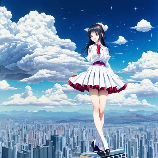 Prompt: Buichi Terasawa, Anne Anderson, Surreal, mysterious, bizarre, fantastic, fantasy, Sci-fi, Japanese anime, beautiful high school girl in a miniskirt with white wings, flying from the roof of a high building, perfect voluminous body, bird's eye view, blue sky, cumulonimbus clouds, wide angle, hyper detailed masterpiece dynamic