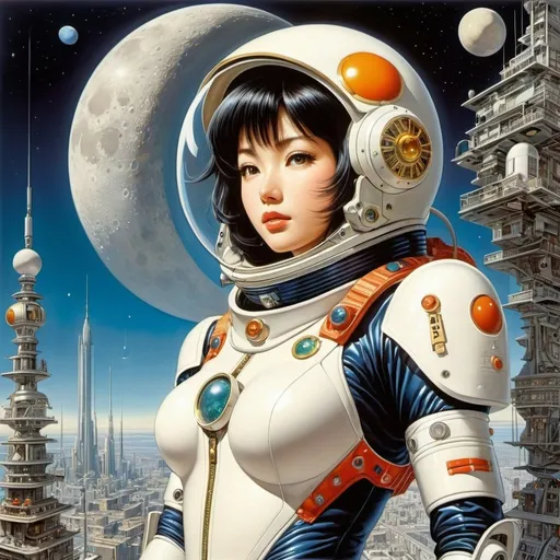 Prompt: Jason Gamber, Paul Orban full colours, Naoko Takeuchi, Richard Roland Holst, Rafael DeSoto, Surrealism, strange, bizarre, fantastical, fantasy, Sci-fi, Japanese anime, homogeneous polycrystalline body, moon shell, city scenery, beautiful girl in a space suit, detailed masterpiece mechanical 