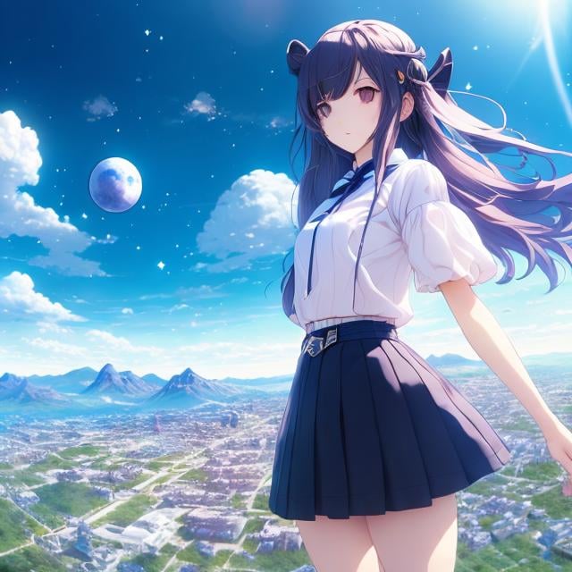 Prompt: Clovis Trouille, Akihiko Yoshida, Surreal, mysterious, strange, fantastical, fantasy, Sci-fi, Japanese anime, earth frame, orbital axis of the moon and the earth, miniskirt beautiful high school girl, perfect body, transparent blue sky, detailed masterpiece 