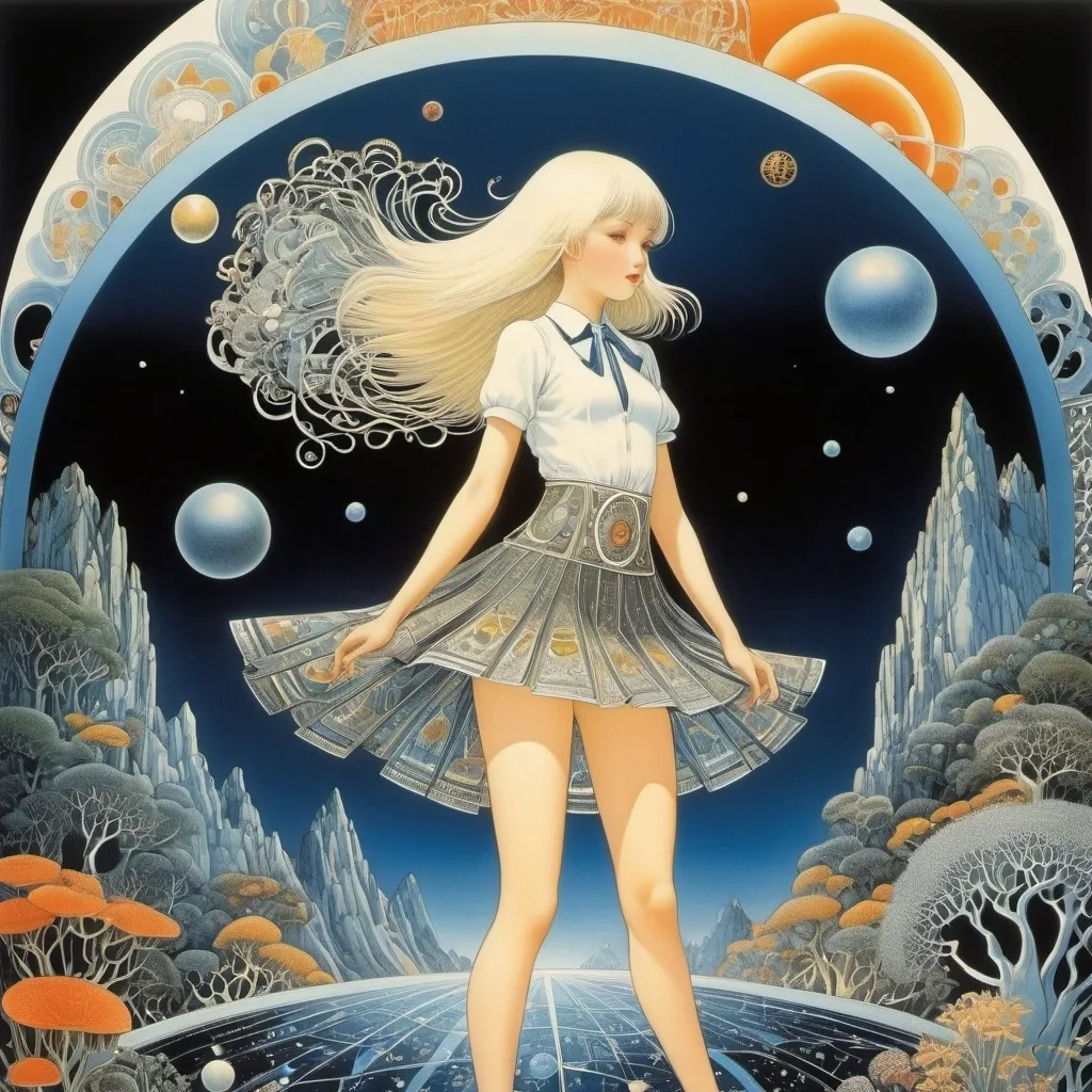 Prompt: Kay Nielsen, Ernst Haeckel, Óscar Raña, Katsuhiro Otomo, Diane Dillon, Surrealism, strange, bizarre, fantastical, fantasy, Sci-fi, Japanese anime, metal physics, X-rays, electrons, alloys, magnets. A beautiful high school girl in a miniskirt who draws physics into pictures, perfect voluminous body, detailed masterpiece 