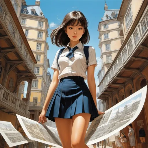 Prompt: Chiho Saito, Petri Hiltunen full colours, Antoine Laurent Thomas Vaudoyer, Dennis Crompton drawing, Mikhail Belov, Surrealism, mysterious, strange, fantastical, fantasy, Sci-fi, Japanese anime, mini-skirt beautiful high school girl and cat strolling through paper architectural drawings, perfect voluminous body, blueprints, cross-sections, discovery and evolution of perspective, stone, metal, glass, detailed masterpiece fine lines 