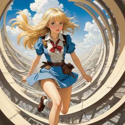 Prompt: Jean-Claude Mezieres, Nicolas De Crecy, Francois Avril, Surreal, mysterious, strange, fantastical, fantasy, Sci-fi, Japanese anime, beautiful blonde miniskirt girl Alice running on a Mobius strip, perfect voluminous body, blueprints, perspective drawings, and cross-sectional views, detailed masterpiece low high angles