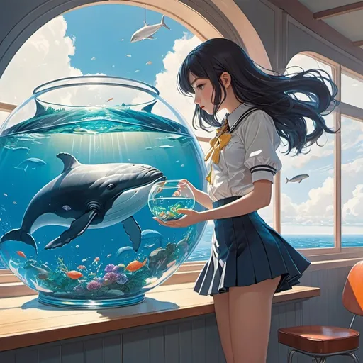 Prompt: George Petty, Benjamin Jorj Harris, Surreal, mysterious, strange, fantastical, fantasy, sci-fi, Japanese anime, whale in a fishbowl, beautiful high school girl in a miniskirt feeding, perfect voluminous body, ship in the distance, detailed masterpiece 