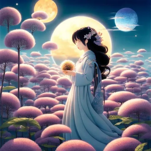 Prompt: Chiaki Ida, Surreal, David Wiesner, mysterious, strange, fantastical, fantasy, sci-fi, Japanese anime, marriage of the sun and moon, between darkness and light, detailed masterpiece beautiful moon princess 