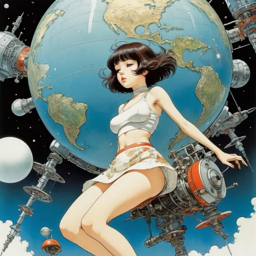 Prompt: Heath Robinson, Katsuhiro Otomo, Tite Kubo, Yoh Yoshinari, George Barbier, Surrealism Mysterious Weird Fantastic Fantasy Sci-Fi, Japanese Anime, Miniskirt Beautiful Girl Mechanical Dreaming of the Earth, perfect voluminous body, Floating in Orbital Space, detailed masterpiece 