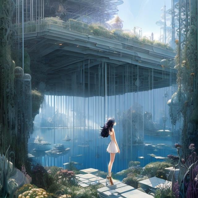 Prompt: Paolo Soreli, Lebbeus Woods, surreal mysterious strange sci-fi fantasy anime Kay Nielsen, surreal landscape, floating polyhedral geometric shapes, shell geometric shapes, perspective, in a garden, miniskirt beautiful high school girl perfect body, lost child detailed masterpiece