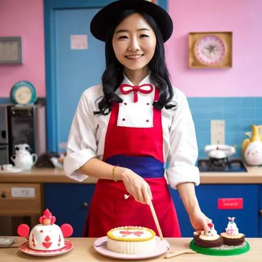 Prompt: Tomoko Ninomiya, Mabel Attwell, Surreal, mysterious, bizarre, fantastical, fantasy, Sci-fi, Japanese anime Alice, a beautiful blonde miniskirt girl at the cooking class. The teacher is the Queen of Hearts. Today she is making a shortcake. The cake is bigger than Alice. A smiling Alice. Rabbits and card soldiers. A bird's-eye view of the dynamism that surprised everyone, detailed masterpiece manga drawings cute 
