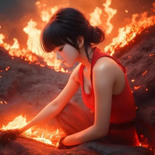 Prompt: A E Marty, Katie Risor, Japanese anime, unravel five hanks burning field until you turn to ash, there is no escape, solo beautiful perfect voluminous body girl, sweat sweat wet wet, detailed, high resolution definition quality masterpiece 