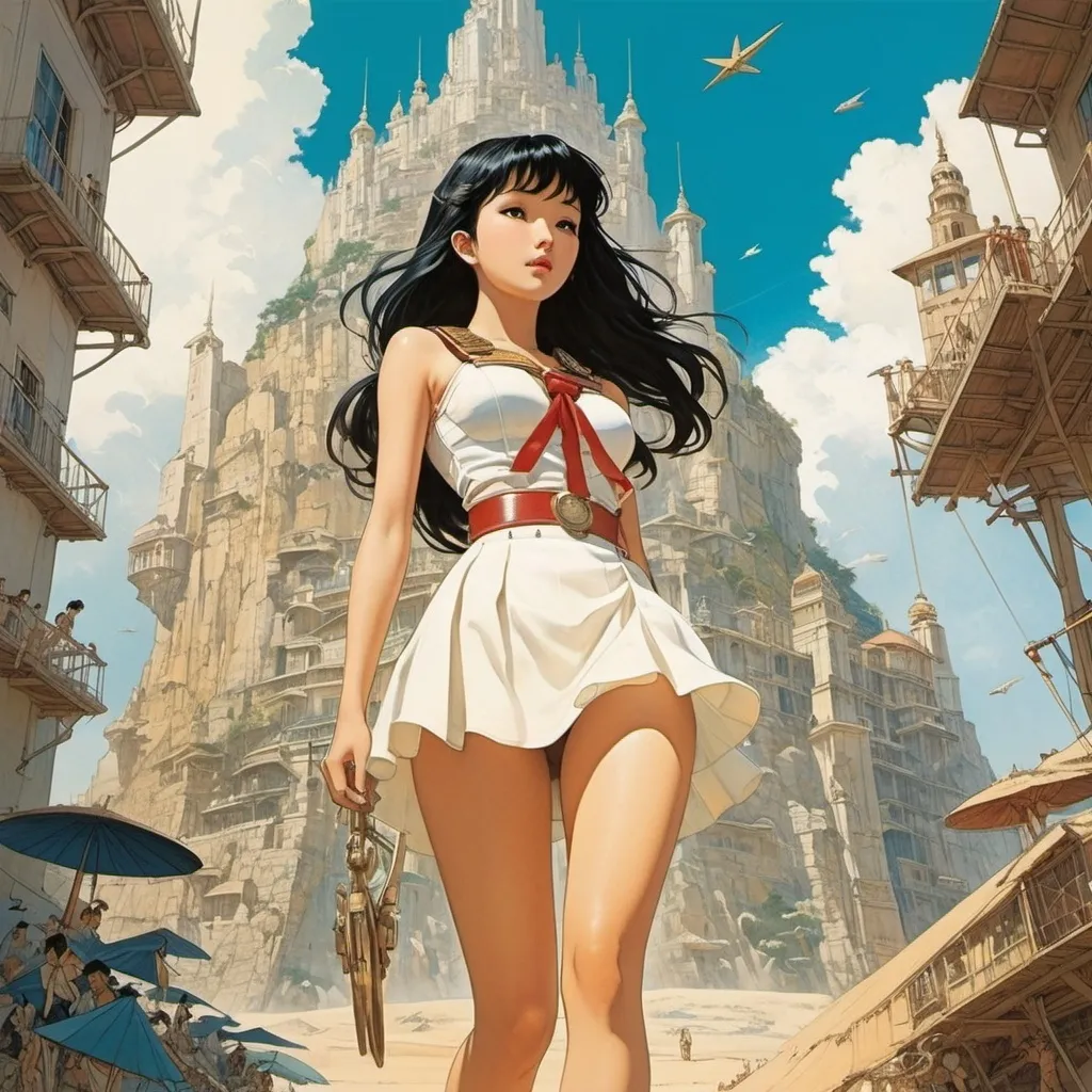 Prompt: Ben-Hur Baz, Tatsuyuki Tanaka, Ata Bozaci, Conrad Roset, François-Louis Schmied, Surrealism Mysterious Weird Fantastic Fantasy Sci-Fi, Japanese Anime, Starfish Hunting on the Star Coast, Tower of Entropy and Blueprints, Miniskirt Beautiful High School Girl, perfect voluminous body, detailed masterpiece 