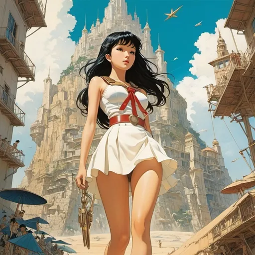 Prompt: Ben-Hur Baz, Tatsuyuki Tanaka, Ata Bozaci, Conrad Roset, François-Louis Schmied, Surrealism Mysterious Weird Fantastic Fantasy Sci-Fi, Japanese Anime, Starfish Hunting on the Star Coast, Tower of Entropy and Blueprints, Miniskirt Beautiful High School Girl, perfect voluminous body, detailed masterpiece 