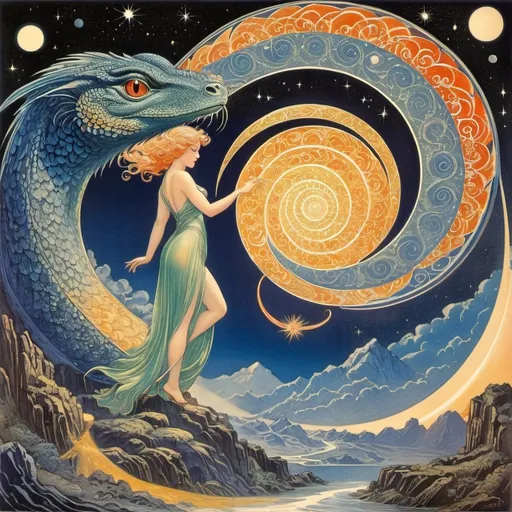 Prompt: Virgil Finlay Full colours, Virginia Frances Sterrett, Margaret Tarrant, Surreal, mysterious, strange, fantastical, fantasy, Sci-fi, Japanese anime, emblem universe, life and death, origin and end, nature and magic, Enja and Fire Lizard, spirals and labyrinths, grace and wonder, God, people, space and speculation, beauty and fear and dreams and madness, love and perversion, miniskirt beauties and fairies, perfect voluminous body, detailed masterpiece 