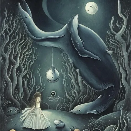 Prompt: Leonora Carrington style, moon sleeping in basement, a girl wondering looking for her fate, whale beach, orb, detailed, high quality, high resolution, high definition, masterpiece 