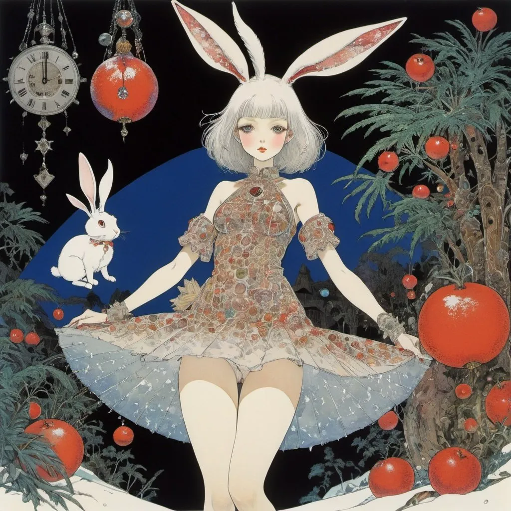 Prompt: Harry Clarke, Mabel Attwell, katsuhiro Otomo, Sulamith Wülfing, Yuu Watase, Surrealism, wonder, strange, bizarre, fantasy, Sci-fi, Japanese anime, making a triangle out of palm fruits, a lively rabbit clock, magic of snowflakes, miniskirt beautiful devil girl, perfect voluminous body, detailed masterpiece 