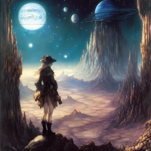 Prompt: Arthur Rackham, Heikala, Surreal, mysterious, strange, fantastical, fantasy, Sci-fi, Japanese anime, mobile library on Mars, miniskirt beautiful girl librarian, perfect voluminous body, viewers are aliens, people in space suits, robots, octopuses, etc. The galaxy is in the background, detailed masterpiece bird’s eye views