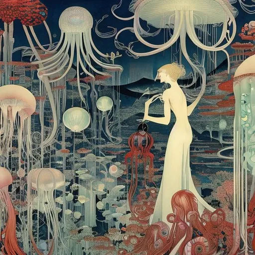 Prompt: Kay Nielsen, Anne Anderson, Koloman Moser, Adrienne Segur, fallen angel girl, night in Tokyo, jellyfish, red mars, panorama