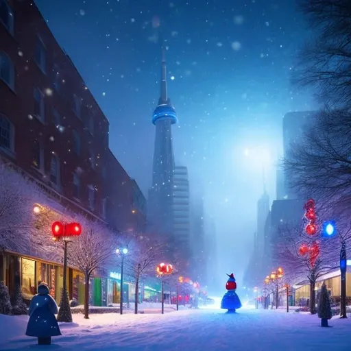 Prompt: John Tunnard, Jean Giraud, Surreal, mysterious, bizarre, fantastical, fantasy, Sci-fi, Japanese anime, Christmas Eve, it's snowing, a giant moving snowman suddenly appears in the city of Toronto, the snowman carries a beautiful girl in a Santa costume on his shoulders and walks through the city, the police are also dispatched, the city is in a festive mood, detailed masterpiece 