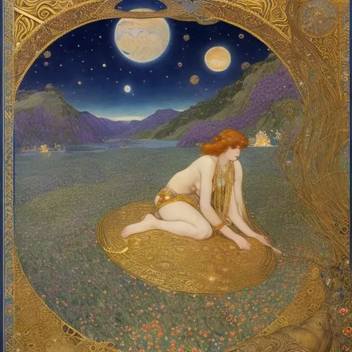 Prompt: Walter Crane, Klimt, Winsor McCay, Japanese Anime, Surreal Mysterious Bizarre Fantastic Sci-Fi Fantasy, Star Lore, Grape Harvest, Acturus, Sea Bream, Uoshima Star, Moon Sun Milky Way, detailed, high resolution high definition high quality masterpiece 