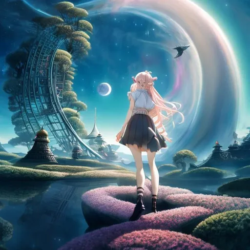 Prompt: Harue Koga, Ingeborg Meyer-Rey, Surreal, mysterious, strange, fantastical, fantasy, Sci-fi, Japanese anime, spiral staircase inside a can, heaven in a jar, nickel, night when the moon shines, blonde miniskirt beautiful girl Alice, perfect body, detailed masterpiece 