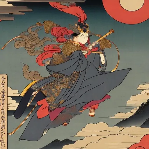 Prompt: Ukiyo-e style Sulamith Wülfing, Masamune Shirow, Anime Surreal Mysterious Weird Fantastic Fantasy Sci-fi Fantasy Gather and be confused Look at my fingers Bullet of light, eight bodies, Kujo, Tenkyo, treasure, large ring, gray turret Draw a bow In the distance, it disappears as a scar