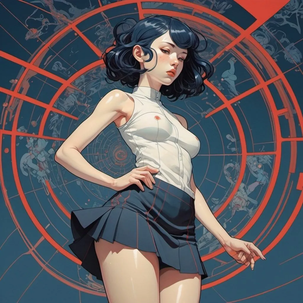 Prompt: James Jean, Tomer Hanuka, Surreal, mysterious, strange, fantastical, fantasy, Sci-fi, Japanese anime, meridian survey, miniskirt beautiful girl, perfect voluminous body, geometric boundary, detailed masterpiece 