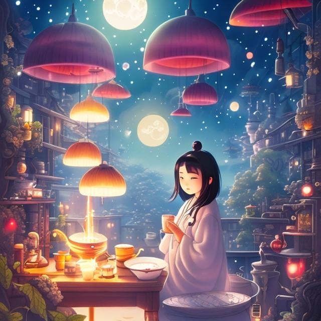 Prompt: Mikio Okamoto, Mike Hinge, Surreal, mysterious, bizarre, fantastical, fantasy, Sci-fi, Japanese anime, kingdom of melancholia, a dignified grandmother making moonshine, a burning pear tree, a sad lost puppy, a bear in a nightgown, a lost love, grave-like coffee, beautiful girls eating watermelon, perfect voluminous bodies, detailed masterpiece 