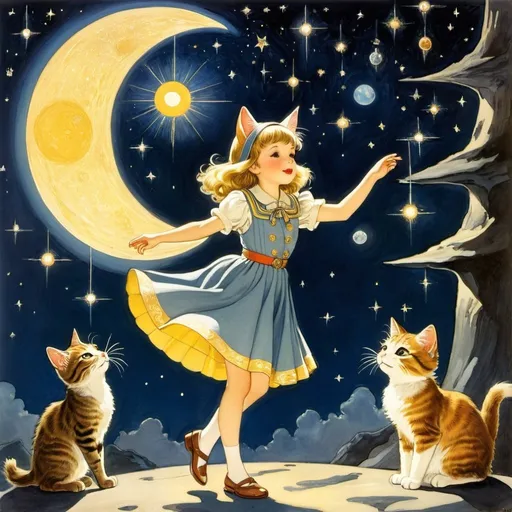 Prompt: Maurice Sendak, Mabel Attwell, Margaret Tarrant, Dorian Cleavenger, A E Marty, Surrealism, wonder, strange, fantastical, fantasy, Sci-fi, Japanese anime, miniskirt beautiful girl from the moon cat tribe singing in the solar system network, stage lighting, starry night, detailed masterpiece 