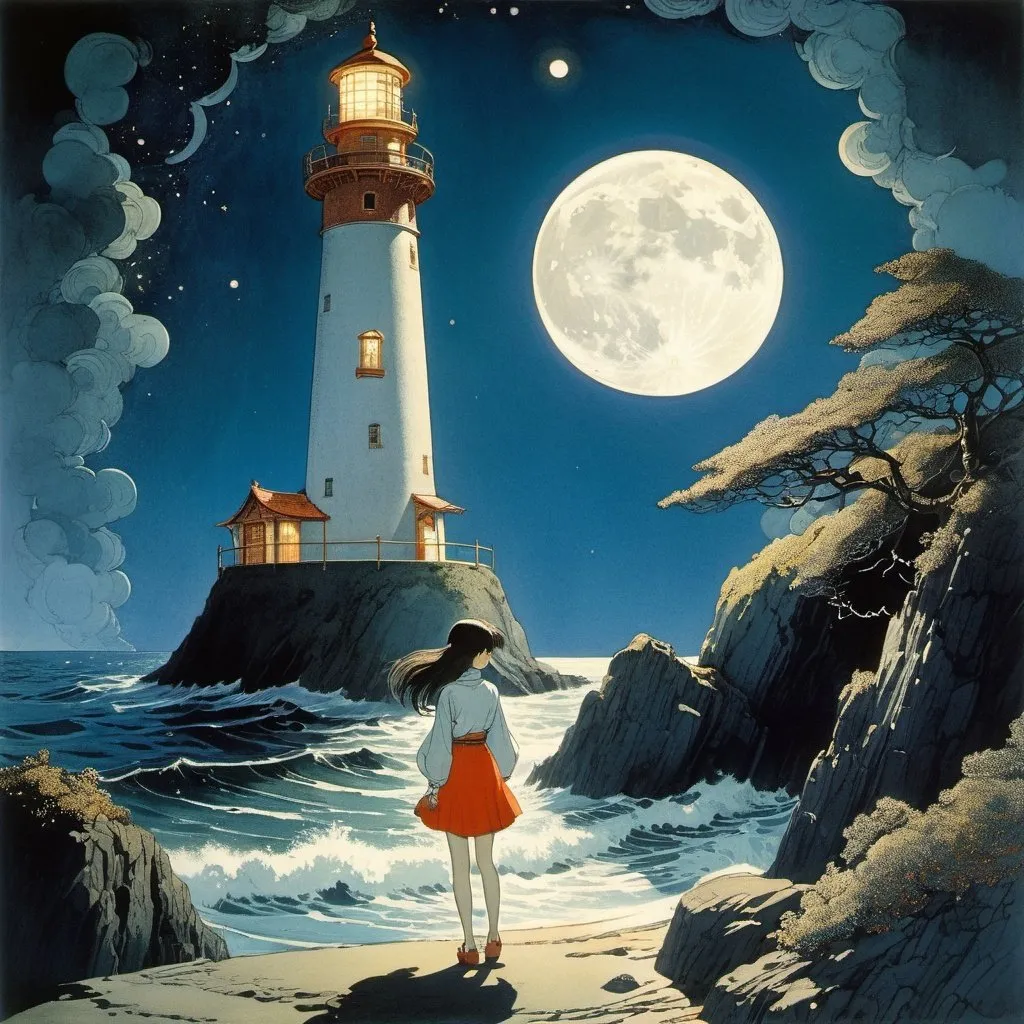 Prompt: Ryūichirō Kutsuzawa, Sidney Sime, Surreal, mysterious, strange, fantastical, fantasy, sci-fi, Japanese anime, the moon in a travel bag, to the border between sea and earth, a beautiful girl in a miniskirt of a lighthouse, perfect voluminous body, detailed masterpiece 