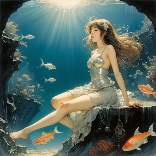 Prompt: Arthur Rackham, Yuu Watase, Yumiko Igarashi, Baron von Lind, Michael Whelan, Surrealism, strange, strange, fantastical, fantasy, sci-fi, Japanese anime, a fragment of the sun sleeping on the deep ocean floor, a beautiful high school girl in a miniskirt asking for directions from the king of fish, perfect voluminous body, a soft rain of light falling from the water's surface, detailed masterpiece 