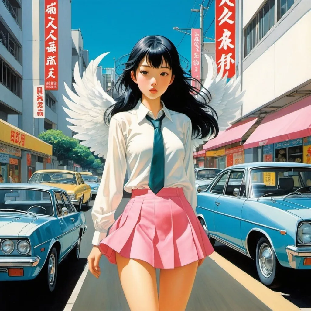 Prompt: Brecht Evens, Matsuri Akino, Nami Akimoto, Gustaf Fjæstad, Hajime Sorayama, Surrealism Mysterious Bizarre Fantastic Fantasy Sc-fi, Japanese Anime, Gyroscope, Comet in the Parking Lot, Miniskirt Beautiful High School Girl Angel, perfect voluminous body, detailed masterpiece 