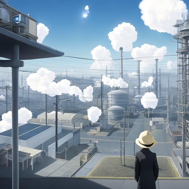 Prompt: Yuki Kure, Alice Provense, Surreal, mysterious, strange, fantastical, fantasy, sci-fi, Japanese anime, a large round tank in the middle of a town, a wind-making factory, creating the wind that blows through the town, the cats working there, the factory manager, the wind stirrer, the specimen clerk, the humans. A beautiful high school girl in a miniskirt goes on a factory tour, her perfect body is surprised as her skirt flutters in the wind, detailed masterpiece comical 
