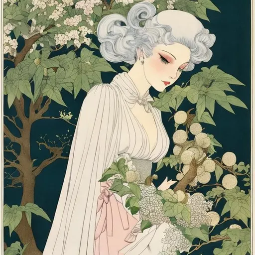 Prompt: George Barbier, Maurice Sendak, Surreal, mysterious, strange, fantastical, fantasy, sci-fi, Japanese anime, a man with a tree growing out of his head, a beautiful girl in a miniskirt sitting in the shade of a tree, perfect voluminous body, detailed masterpiece 