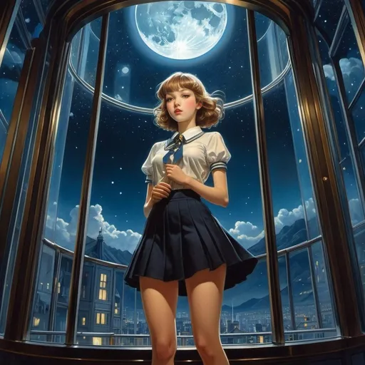 Prompt: Albertine Zullo, Emma Kunz, Gottfried Mind, Carl Moos, Virginia Frances Sterrett, Surrealism, wonder, strange, bizarre, fantasy, Sci-fi, Japanese anime, beautiful high school girl in a miniskirt looking at the midnight darkness from inside the glass elevator, perfect voluminous body, detailed masterpiece 