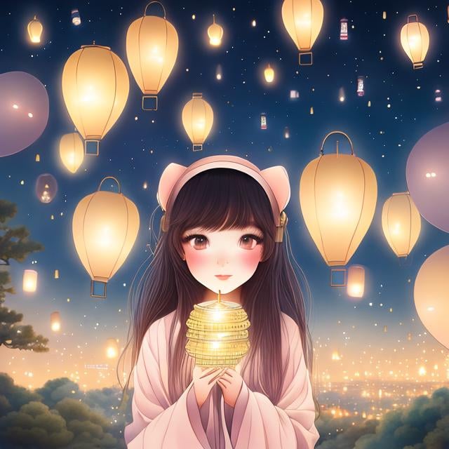 Prompt: Kate Greenaway, Japanese anime,  surreal　wondrous　strange　Whimsical　fanciful　Sci-Fi Fantasy　Toronto Night View　Flying lanterns　Solo girl, hyperdetailed high resolution high quality high definition masterpiece, manga lines, realistic Hand drawn rough illustration 