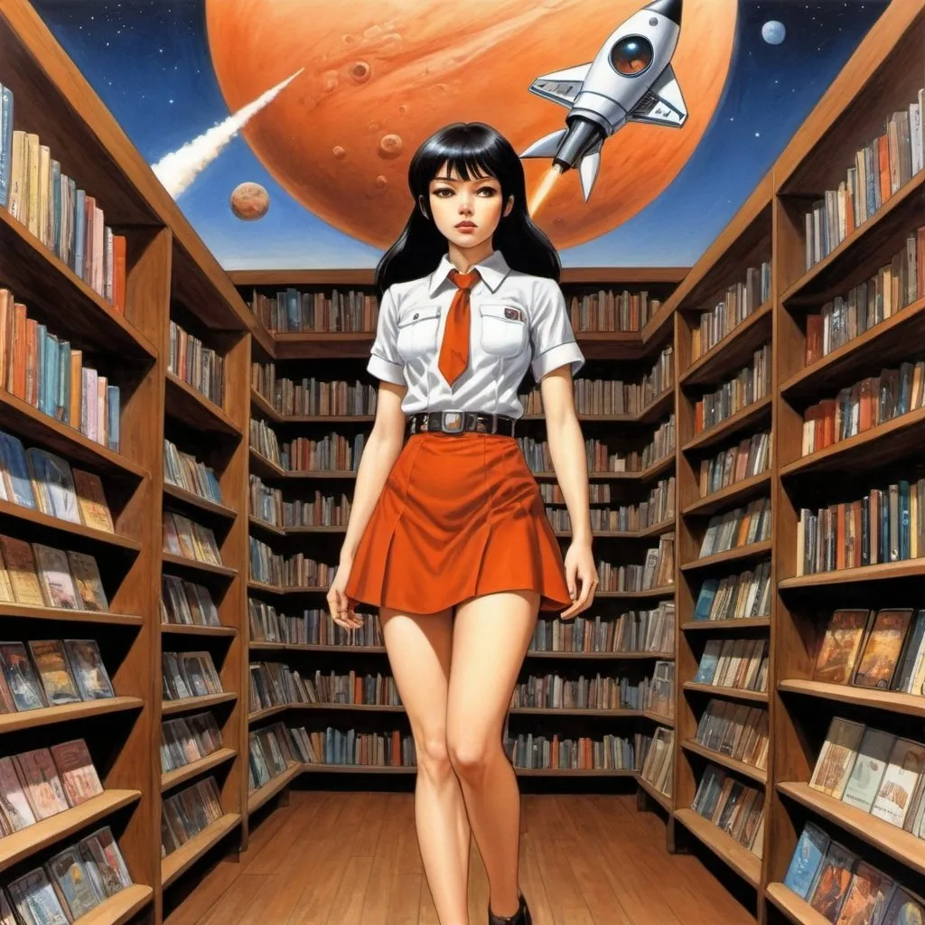 Prompt: Sonja Danowski, Diane Dillon, Surreal, mysterious, strange, fantastical, fantasy, Sci-fi, Japanese anime, Mars descending on a used bookstore, rocket launch, miniskirt beautiful girl's promenade, perfect voluminous body, detailed masterpiece 