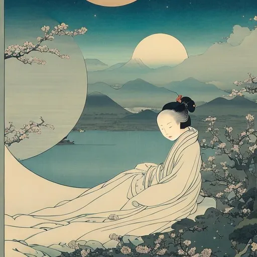 Prompt: Ukiyo-e style, Kate Greenaway, surreal, mysterious, strange Fantastic Sci-fi Fantasy A beautiful girl who repairs the broken moon, hyperdetailed high resolution high definition high quality masterpiece
