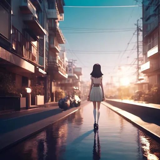 Prompt: Johann Dieter Wassmann, Shigeru Tamura, Surreal, mysterious, strange, fantastic, fantasy, Sci-fi, Japanese anime, miniskirt beautiful girl and cat walking in the world between night and day, geometry, perfect body, detailed masterpiece perspective cinematic lighting 