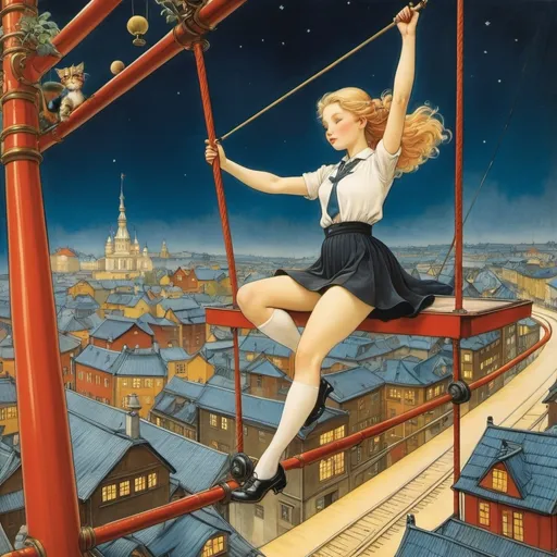 Prompt: Elsa Beskow, Daniel Nelson, Paloma Valdivia, Junaida, Ville Tietäväinen, Surrealism, wonder, strange, bizarre, fantasy, Sci-fi, Japanese anime, railroads, cities, money, empire, cat circus, miniskirt beautiful high school girl on a trapeze, perfect voluminous body, detailed masterpiece 