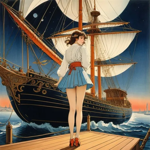 Prompt: Walter Crane, Miguelanxo Prado, Mariano Andreu, Randolph Schwabe, Kiichi Okamoto, Surrealism, wonder, strange, fantastical, fantasy, Sci-fi, Japanese anime, sailing ship at night, beautiful girl in miniskirt dreaming during the day, perfect voluminous body, glass tower in Istanbul, detailed masterpiece angles perspectives 